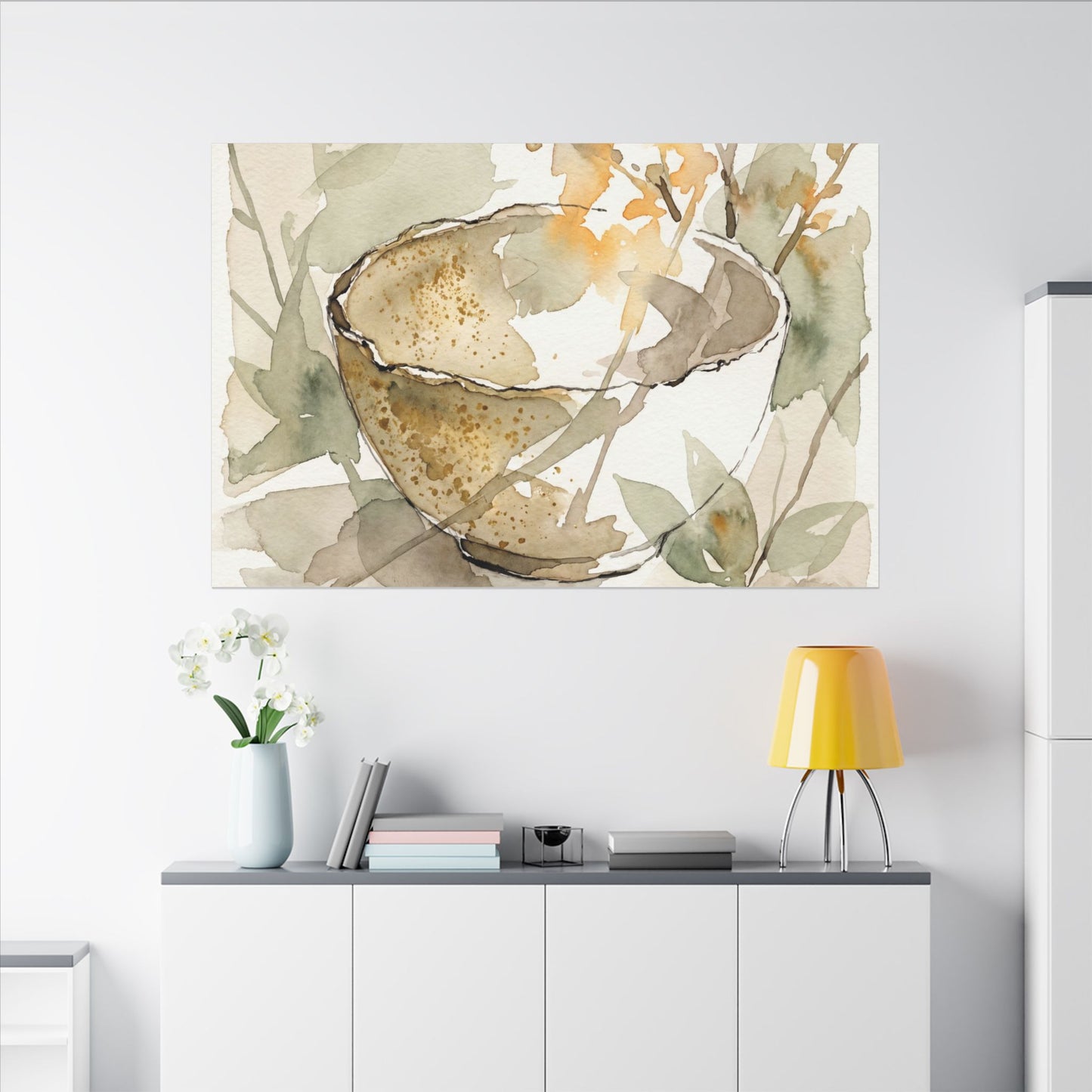 Spring Ceramic Bowl Watercolor Canvas Art | Neutral Decor