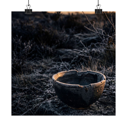 Dark Japandi Ceramic Bowl in Golden Hour | Dark Texture Wall Art Print