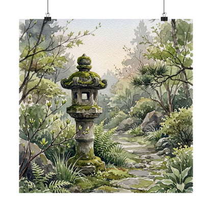 Japandi Stone Lantern in Dawn | Watercolor Wall Art Print