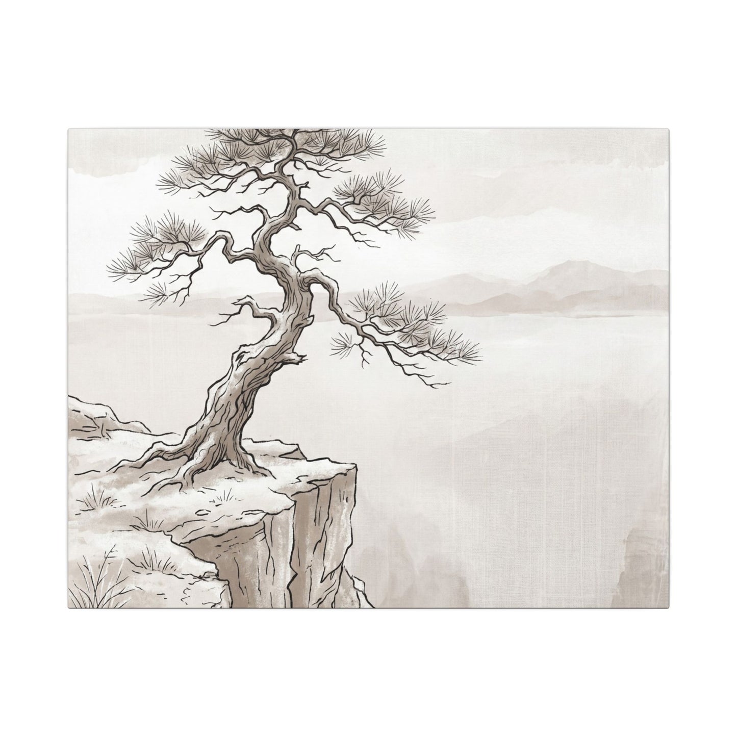 Neutral Pine Tree Canvas Art - Minimal Line Japandi