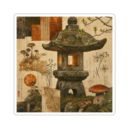 Cottagecore Stone Lantern in Candlelight | Mushroom Illustration Sticker