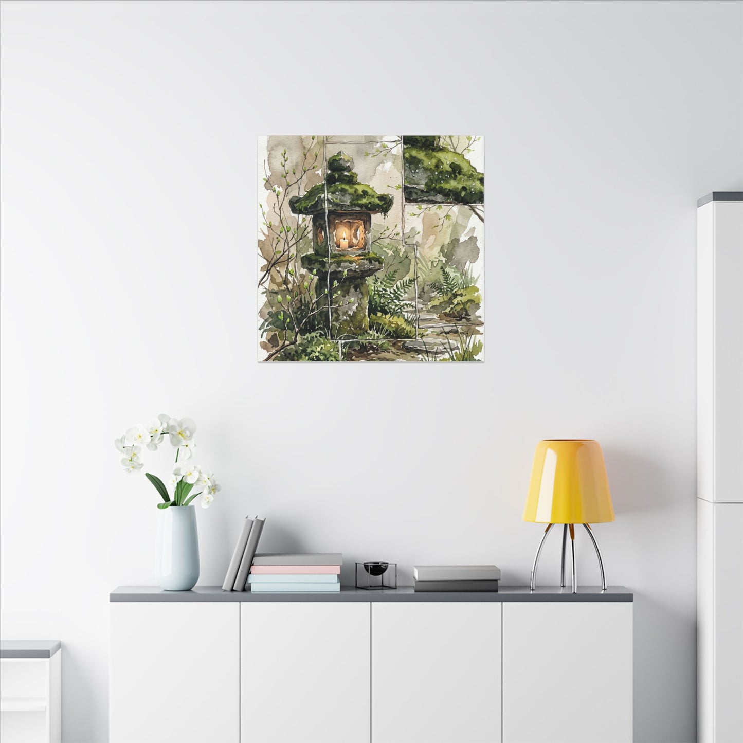 Stone Lantern Watercolor Canvas Art | Elegant Japandi Art