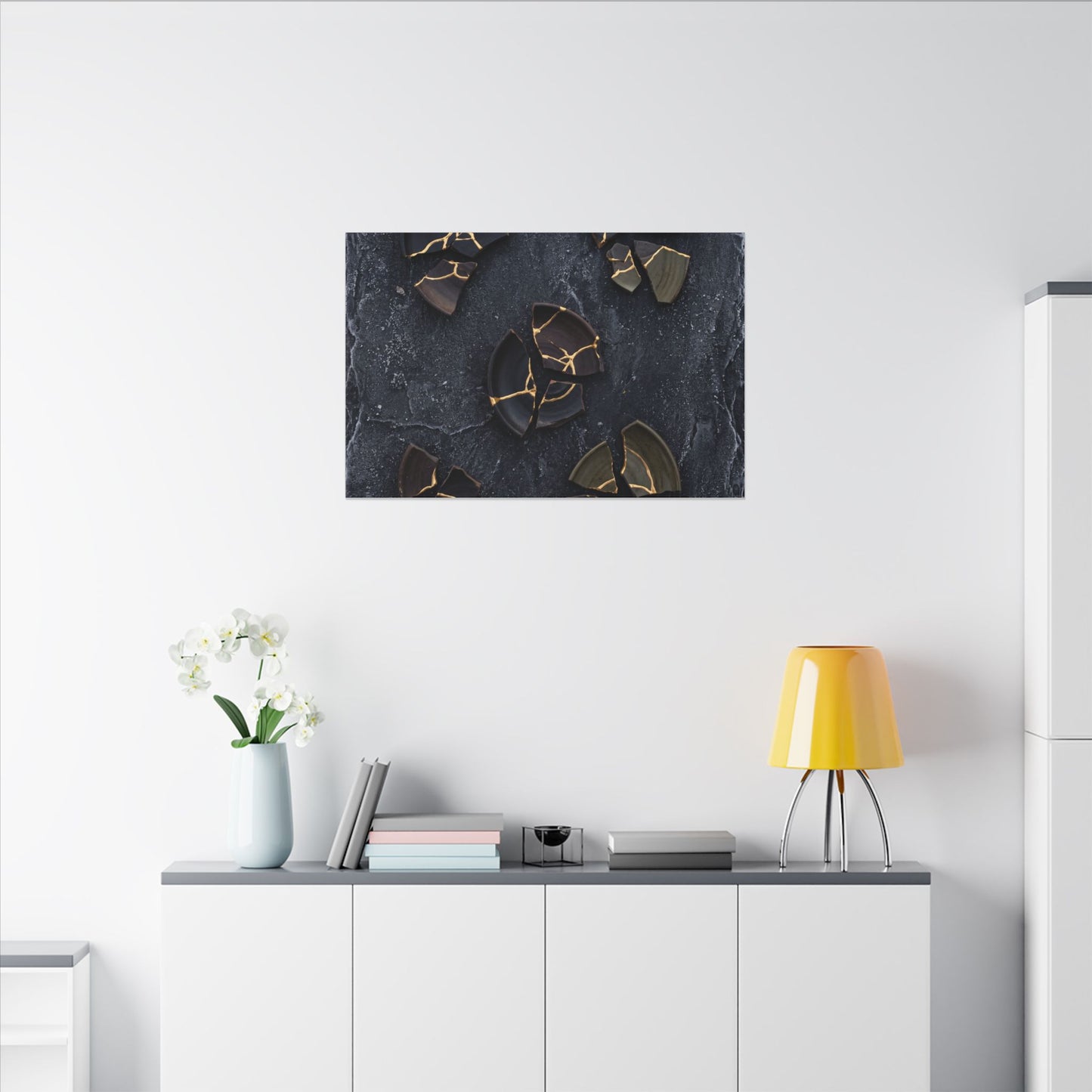 Broken Pottery Canvas Art | Winter Dark Japandi Shadow Zen Art