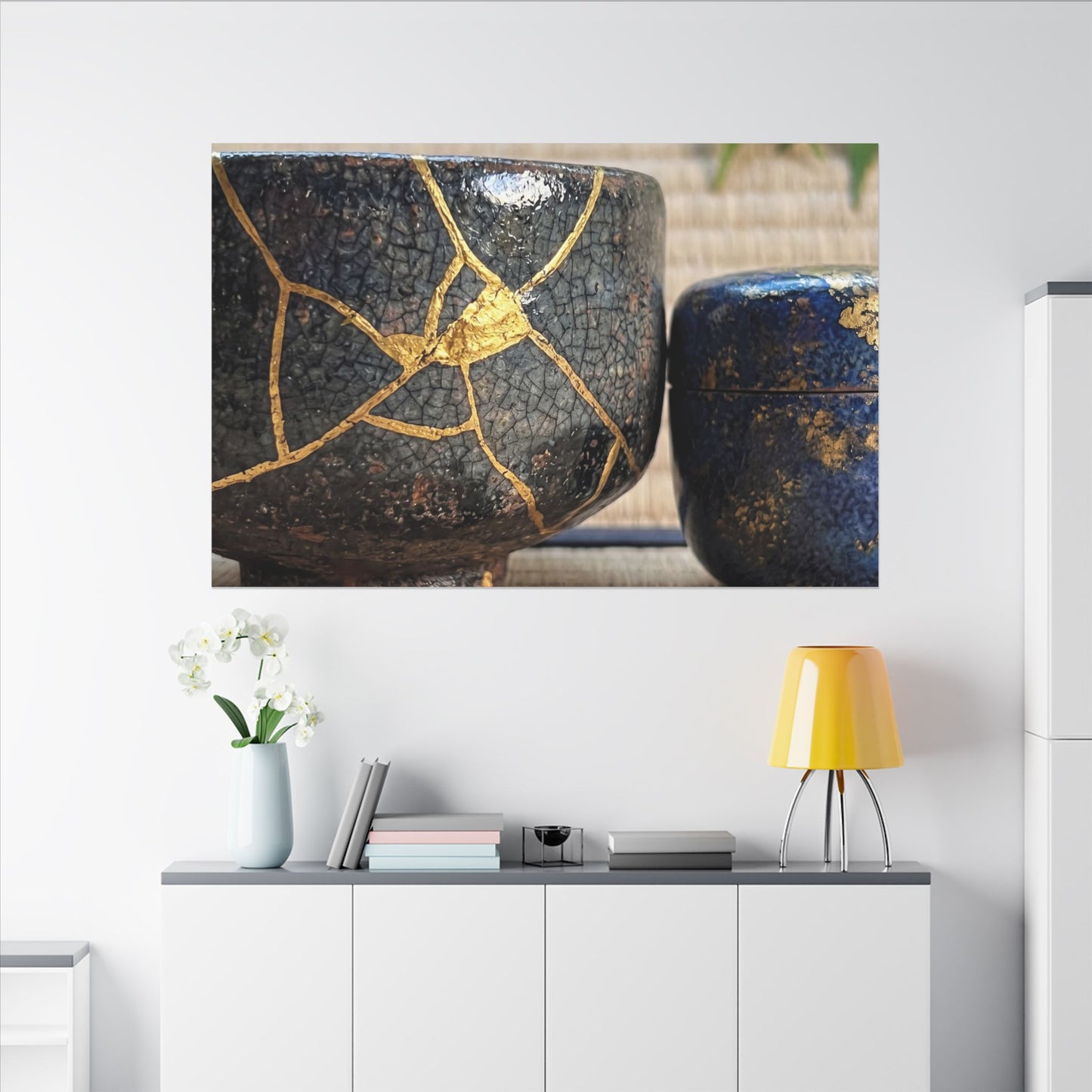 Tea Ceremony Crackle Gold Canvas Art | Philosophical Kintsugi Art