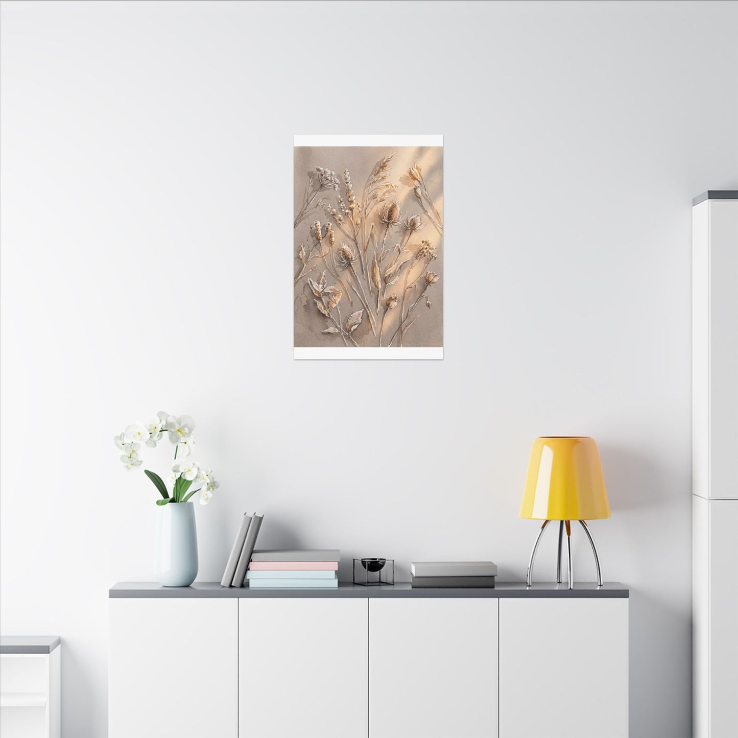 Japandi Dried Flowers in Golden Hour | Watercolor Canvas Art