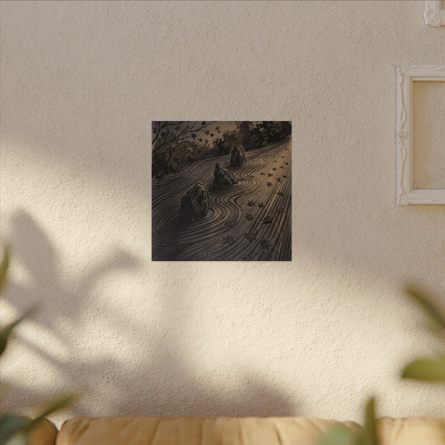 Rock Garden Canvas Art | Autumn Dark Japandi Charcoal Ink Art