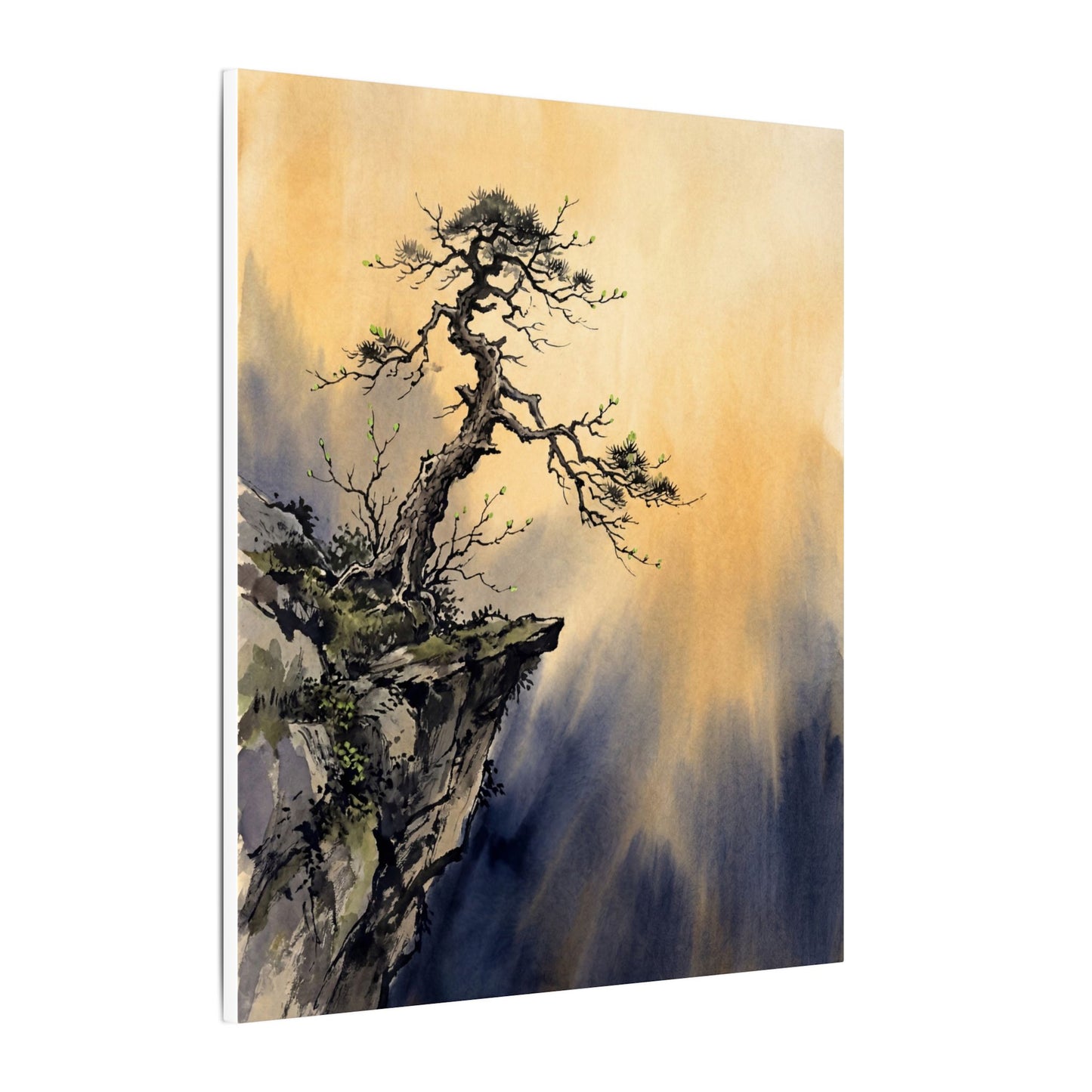 Zen Pine Tree in Golden Hour | Sumi E Canvas Art