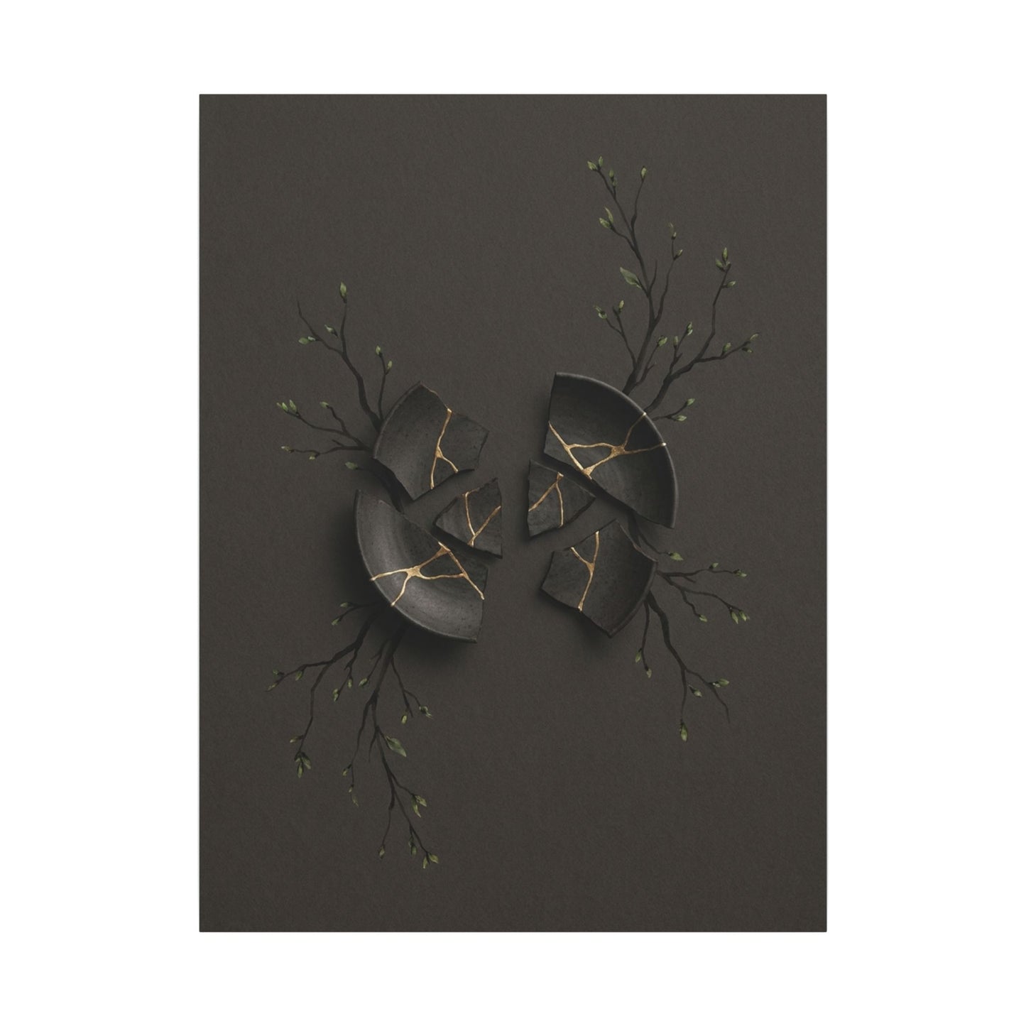 Sophisticated Broken Pottery Canvas Art - Charcoal Ink Dark Japandi