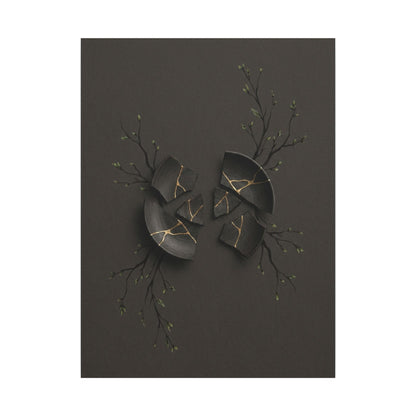 Sophisticated Broken Pottery Canvas Art - Charcoal Ink Dark Japandi