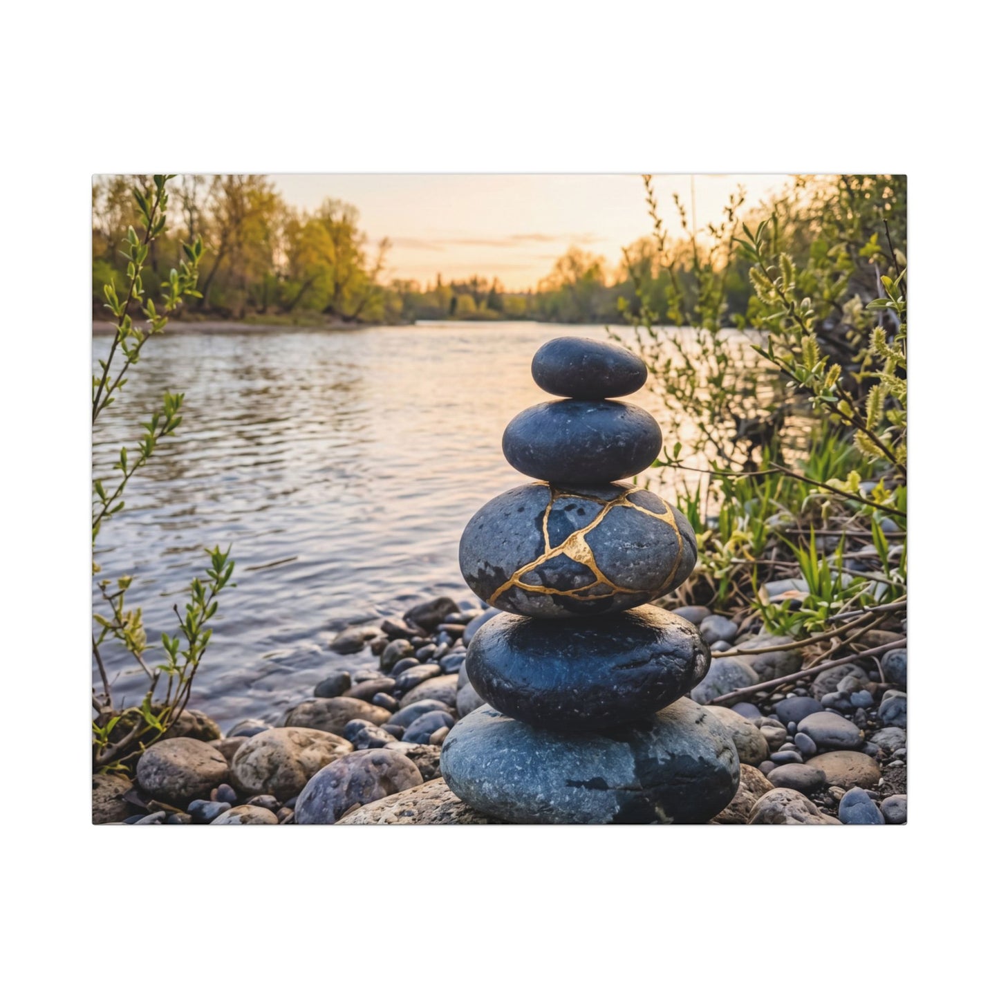 Kintsugi River Stones in Golden Hour | Gold Vein Canvas Art