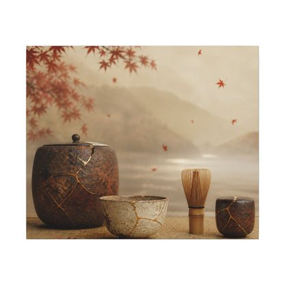 Tea Ceremony Canvas Art | Autumn Kintsugi Gold Vein Art