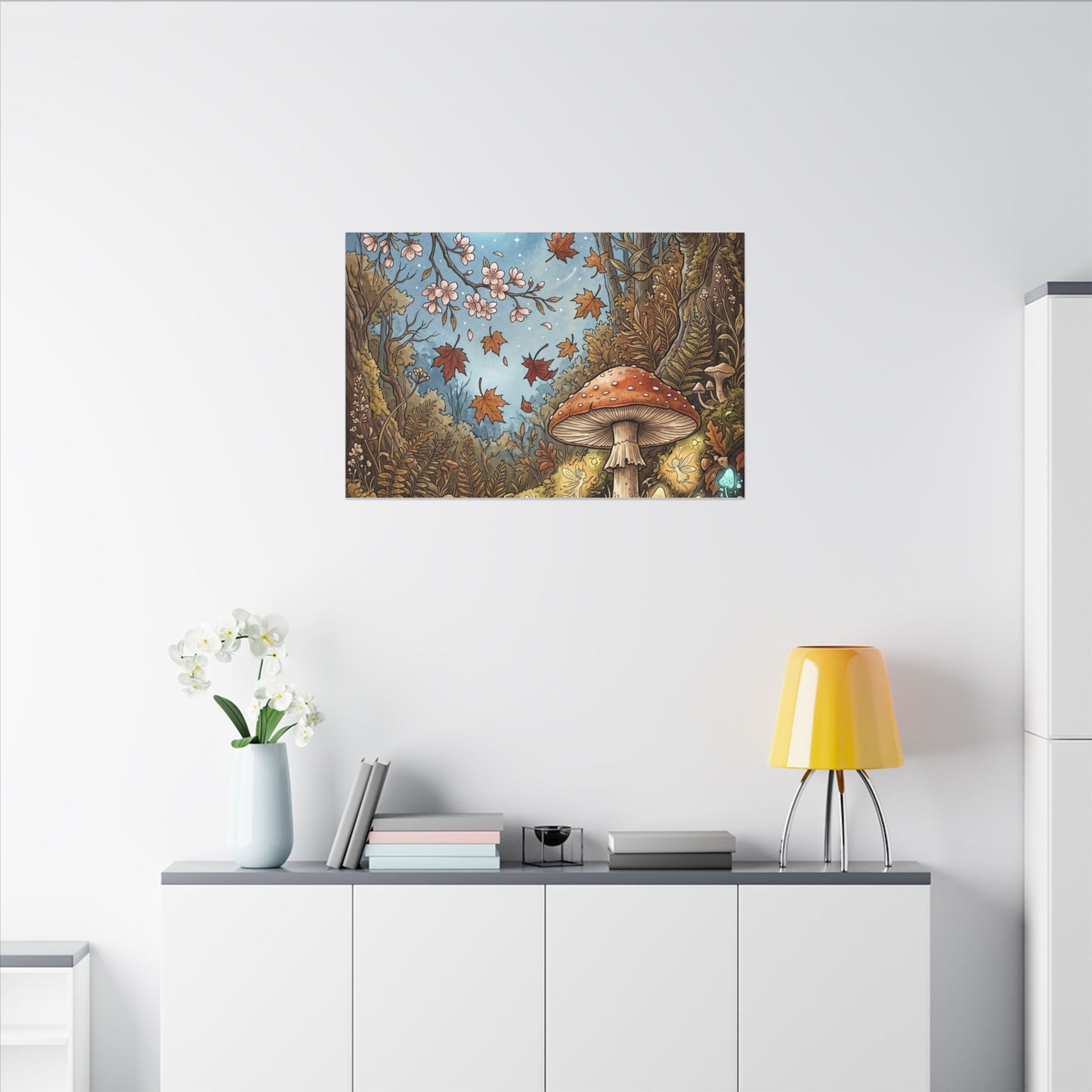 Autumn Cherry Blossom Mushroom Illustration Canvas Art | Enchanting Decor