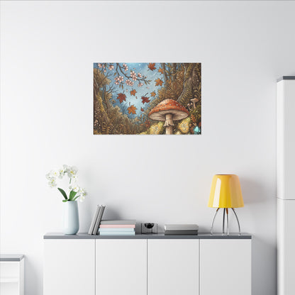 Autumn Cherry Blossom Mushroom Illustration Canvas Art | Enchanting Decor