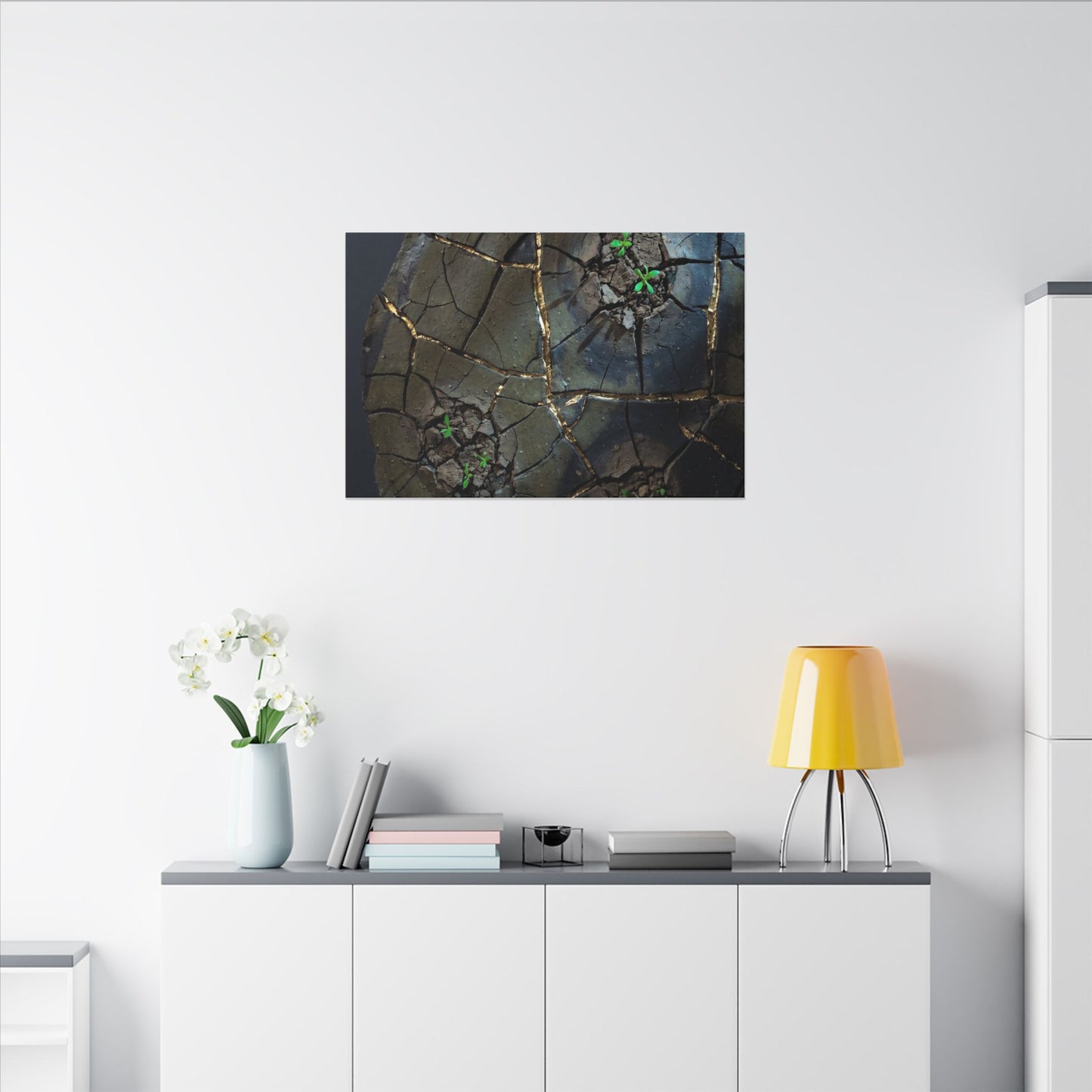 Dark Japandi Cracked Earth in Moonlight | Moody Minimal Canvas Art