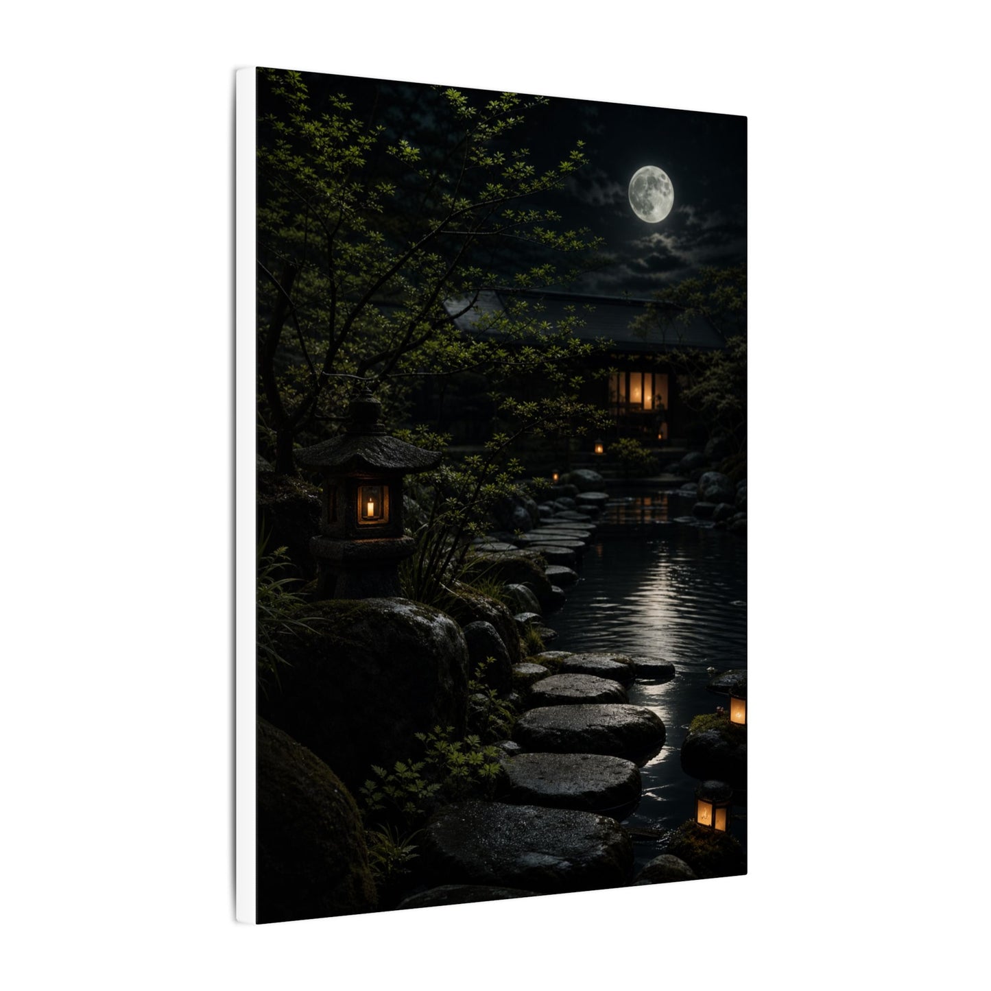 Moonlit Garden Shadow Zen Canvas Art | Sophisticated Dark Japandi Art
