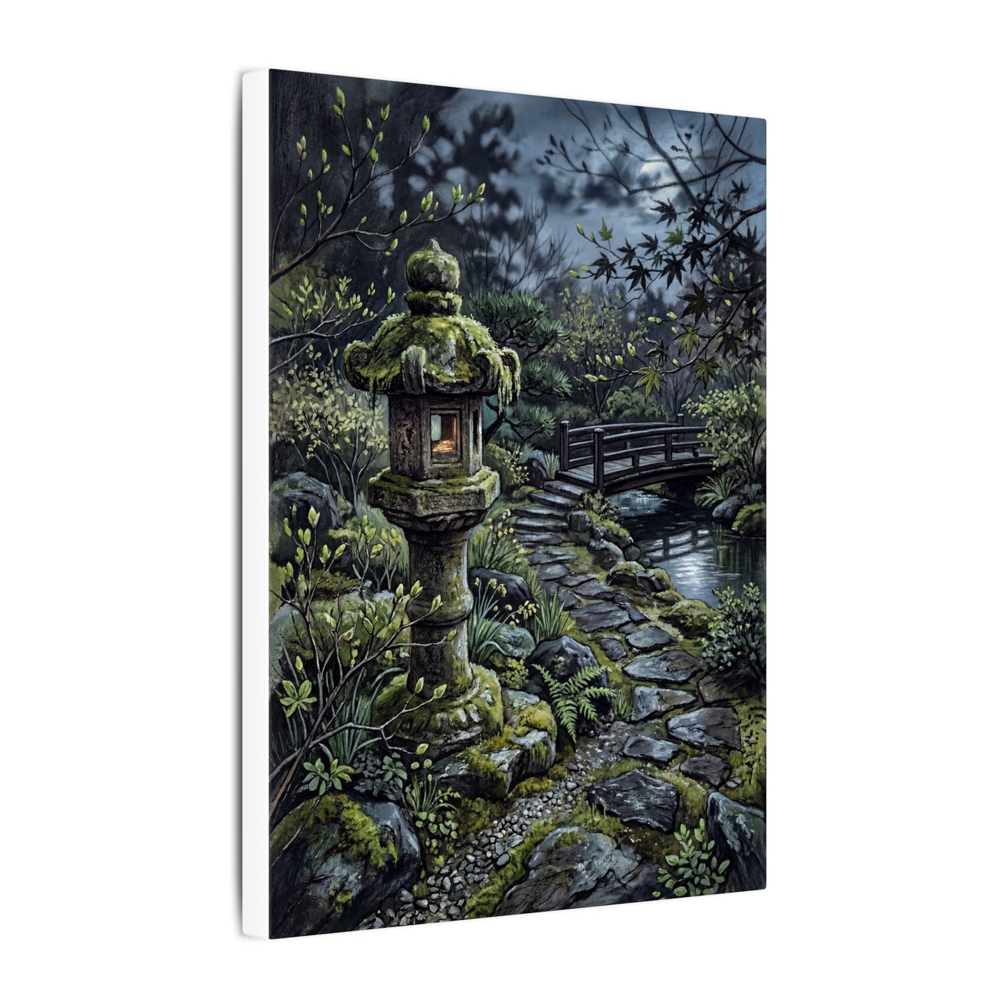 Japandi Stone Lantern in Moonlight | Texture Canvas Art