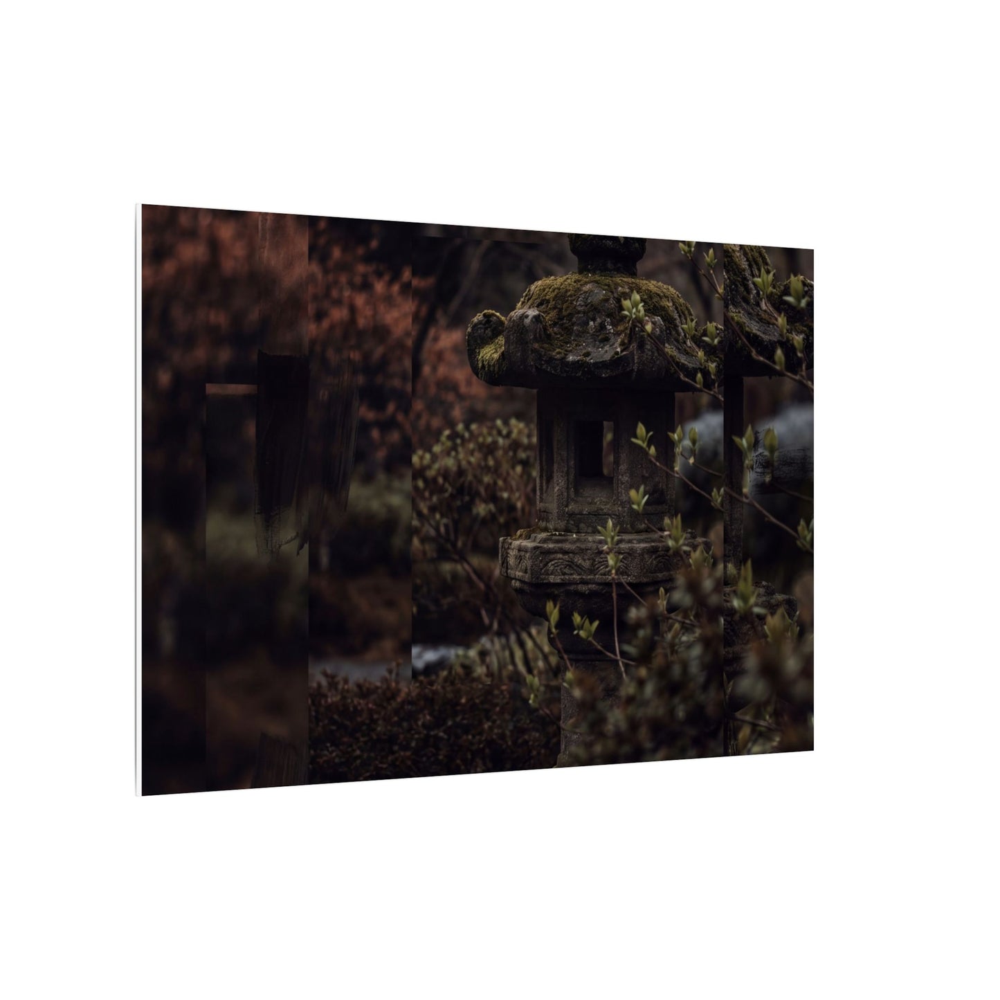 Stone Lantern Spring Canvas Art | Dark Japandi Bold Design