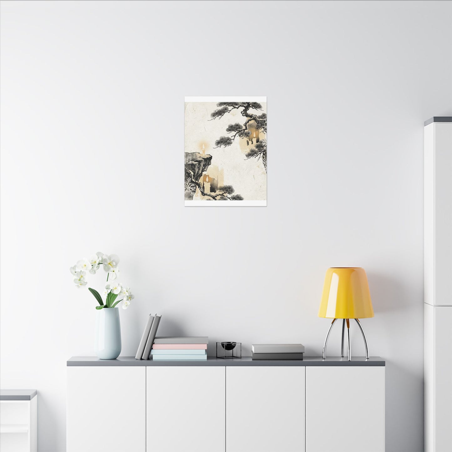 Japandi Pine Tree in Candlelight | Japanese Pattern Canvas Art