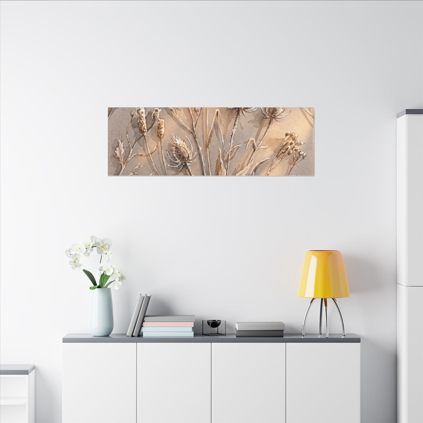 Japandi Dried Flowers in Golden Hour | Watercolor Canvas Art