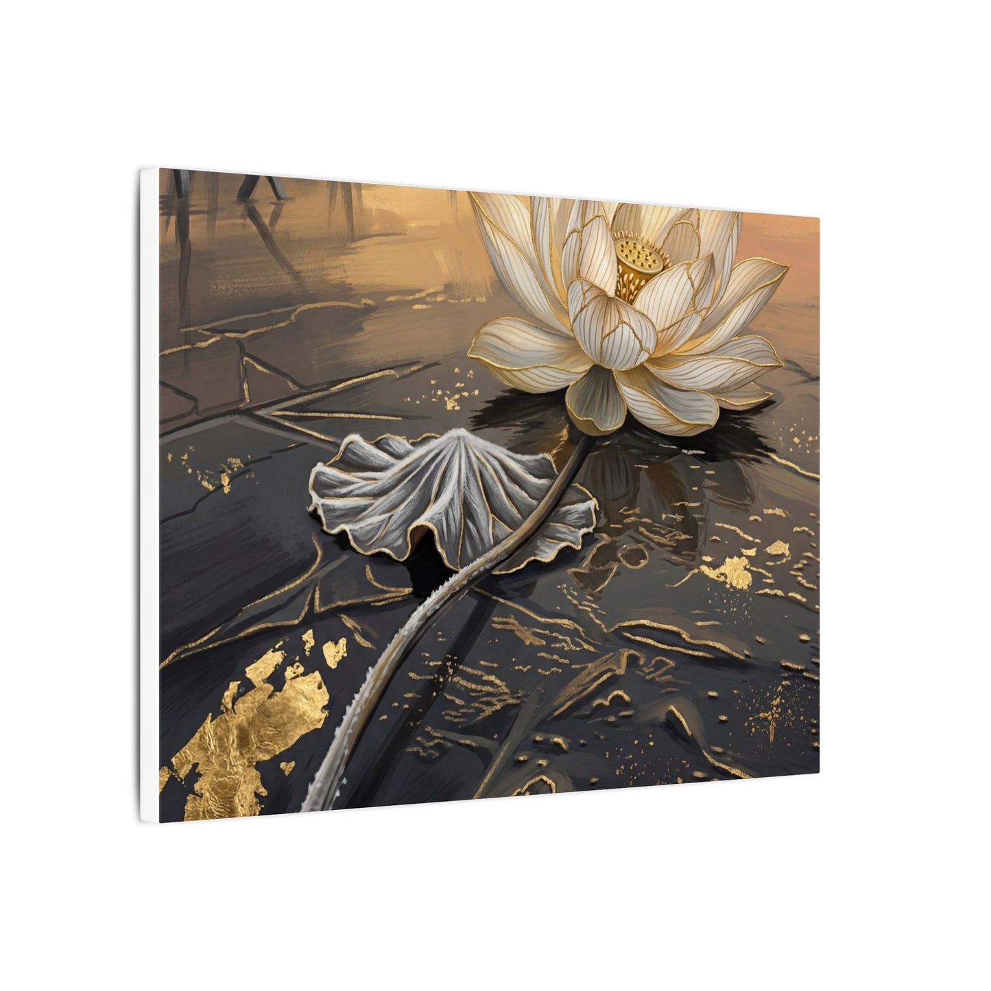 Kintsugi Lotus Flower in Golden Hour | Gold Vein Canvas Art