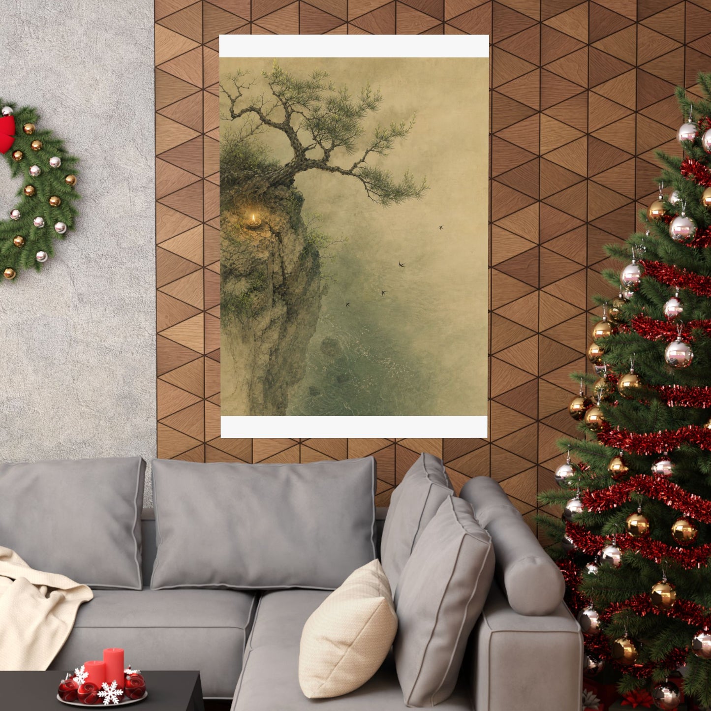 Japandi Pine Tree in Candlelight | Minimal Line Wall Art Print