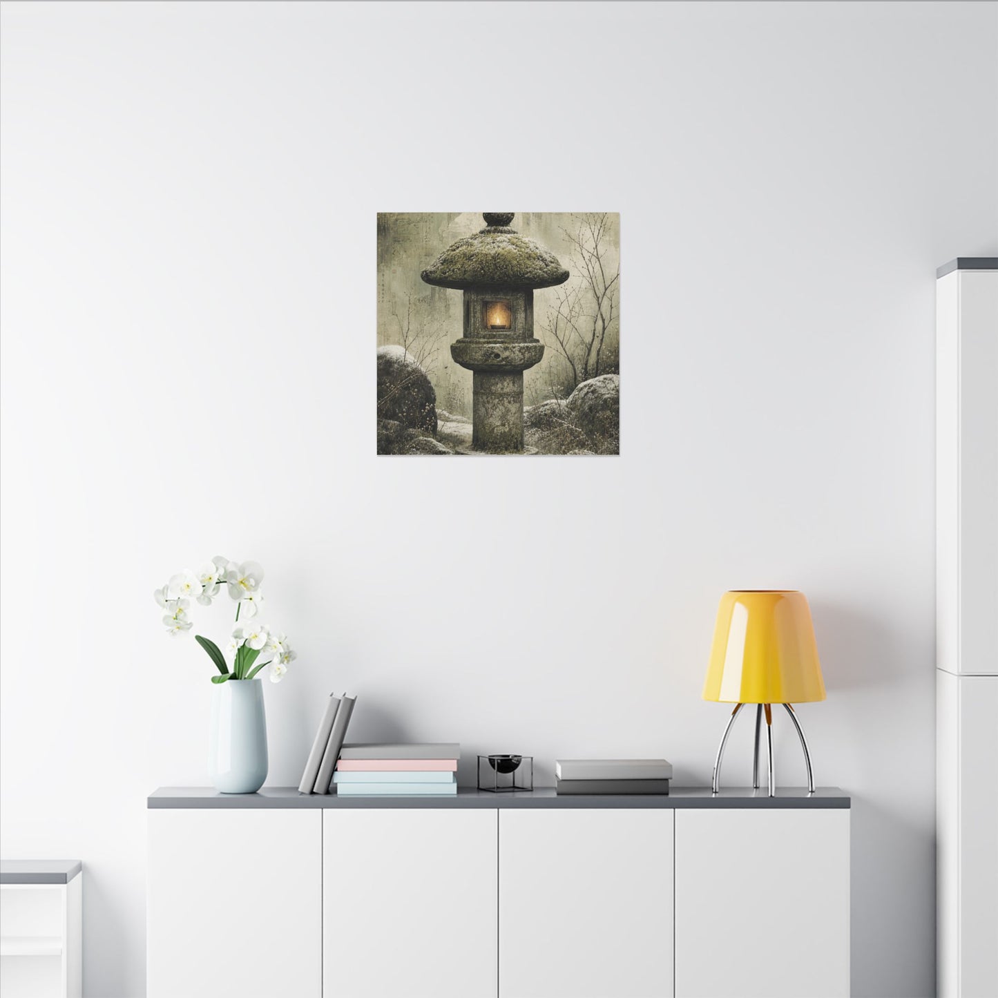 Stone Lantern Winter Canvas Art | Japandi Neutral Design