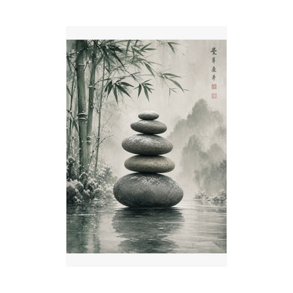 River Stones Sumi E Wall Art Print | Tranquil Zen Art