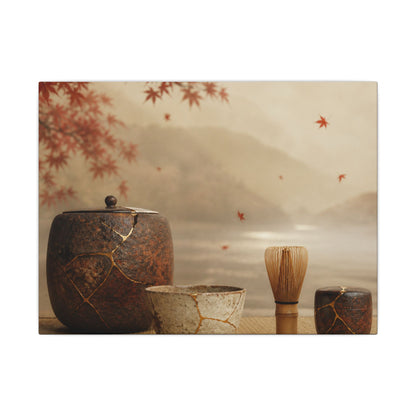 Tea Ceremony Canvas Art | Autumn Kintsugi Gold Vein Art