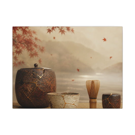 Tea Ceremony Canvas Art | Autumn Kintsugi Gold Vein Art