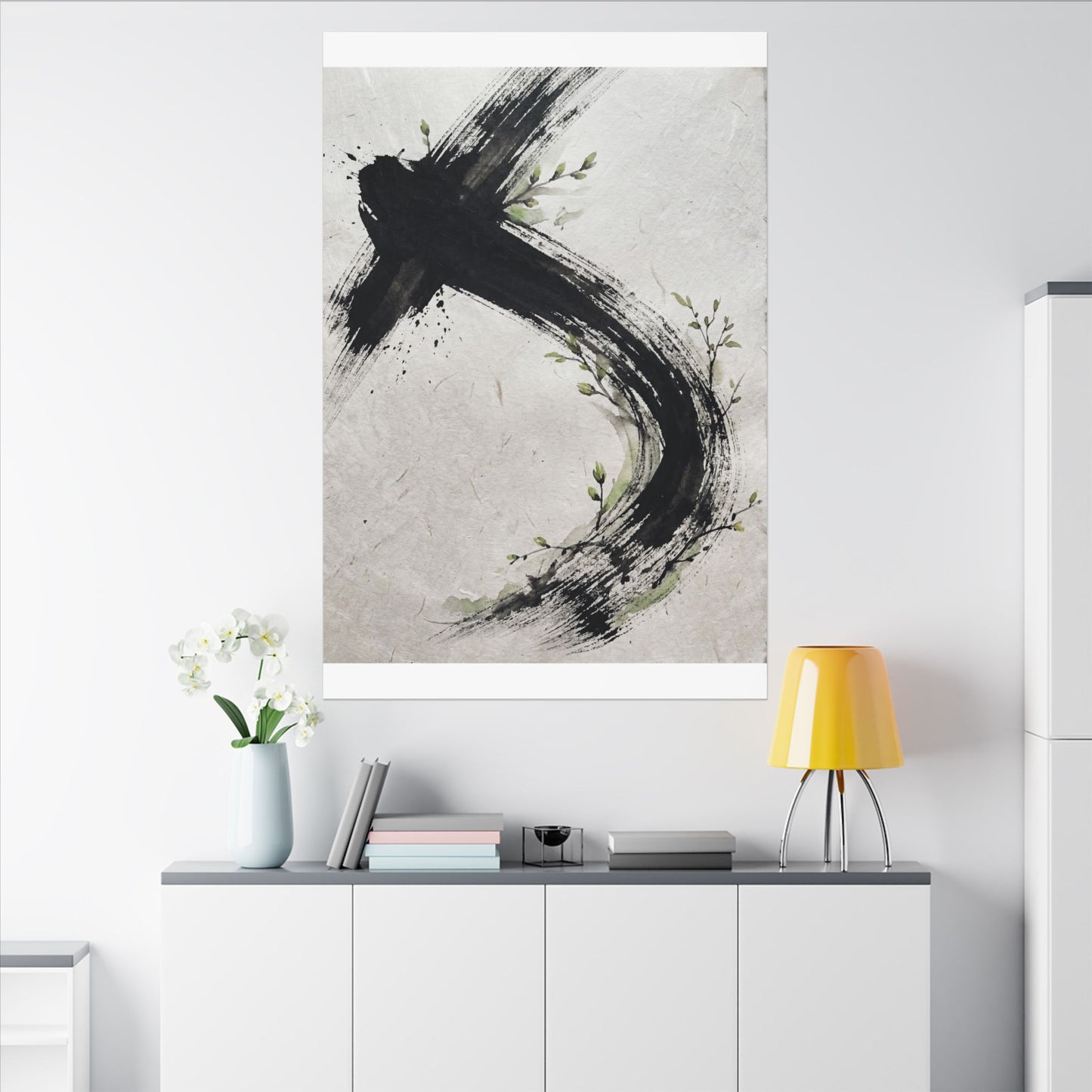 Ink Brushstroke Spring Canvas Art | Dark Japandi Sophisticated Design