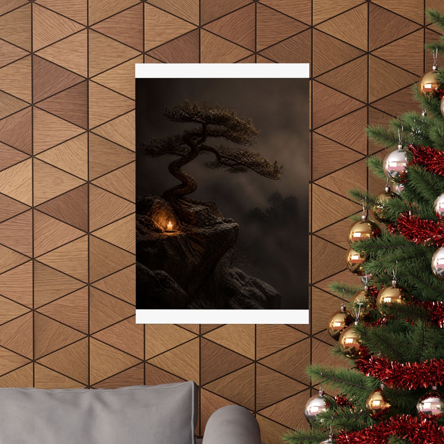 Candlelight Pine Tree Wall Art Print - Dark Japandi Kanso