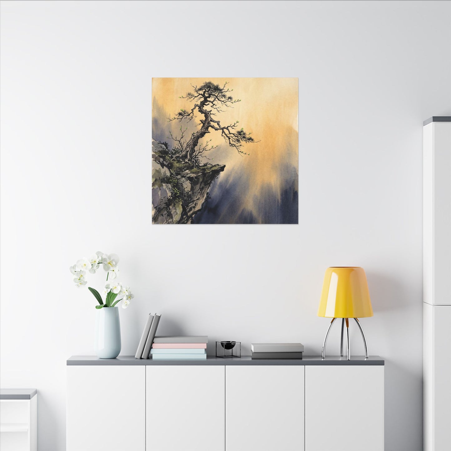 Zen Pine Tree in Golden Hour | Sumi E Canvas Art