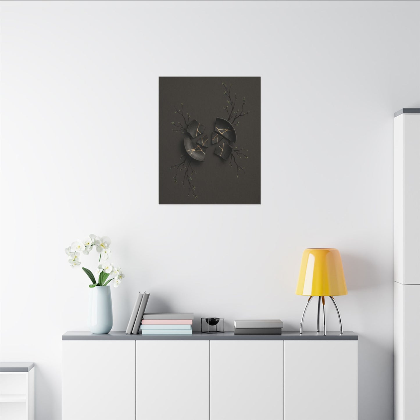 Sophisticated Broken Pottery Canvas Art - Charcoal Ink Dark Japandi
