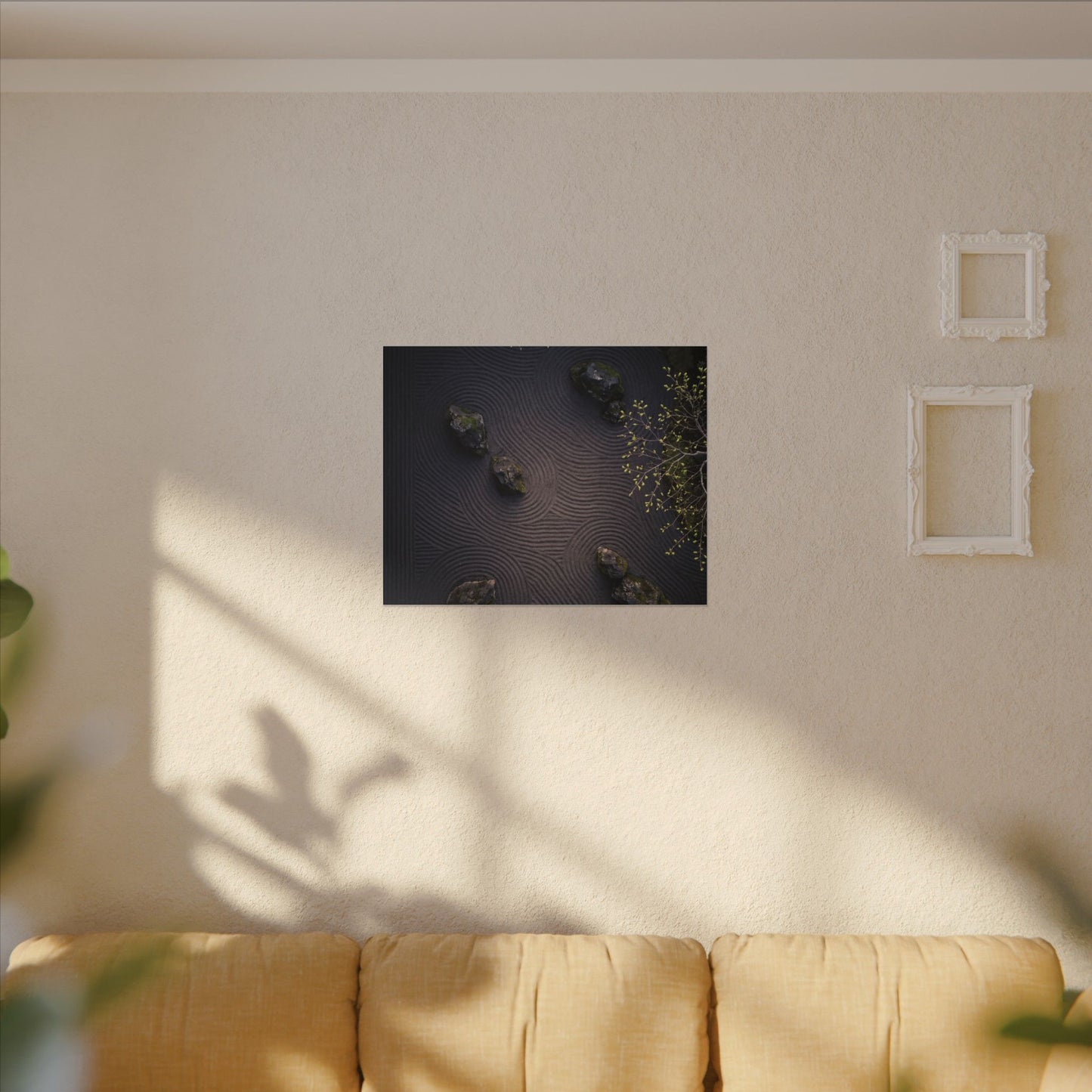 Dark Japandi Rock Garden in Dawn | Shadow Zen Canvas Art