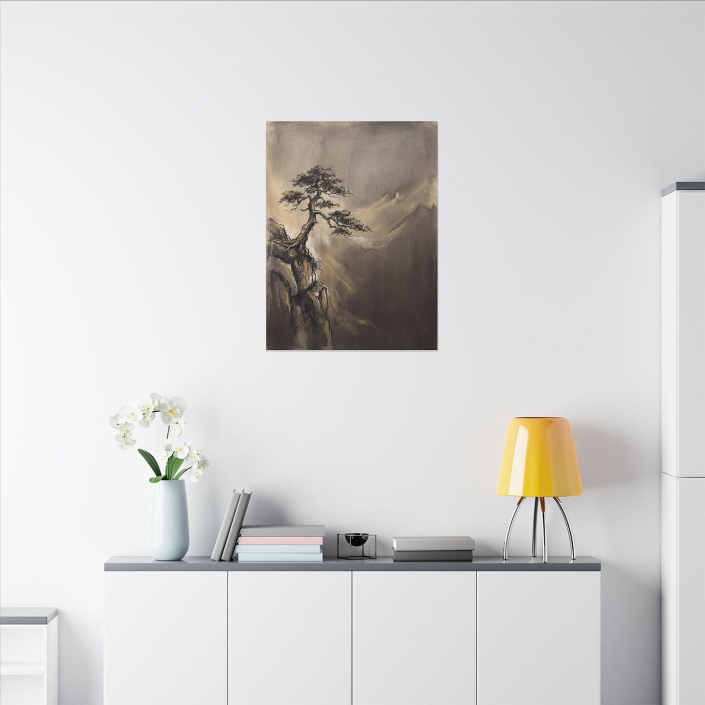 Pine Tree Charcoal Ink Canvas Art | Luxurious Dark Japandi Art