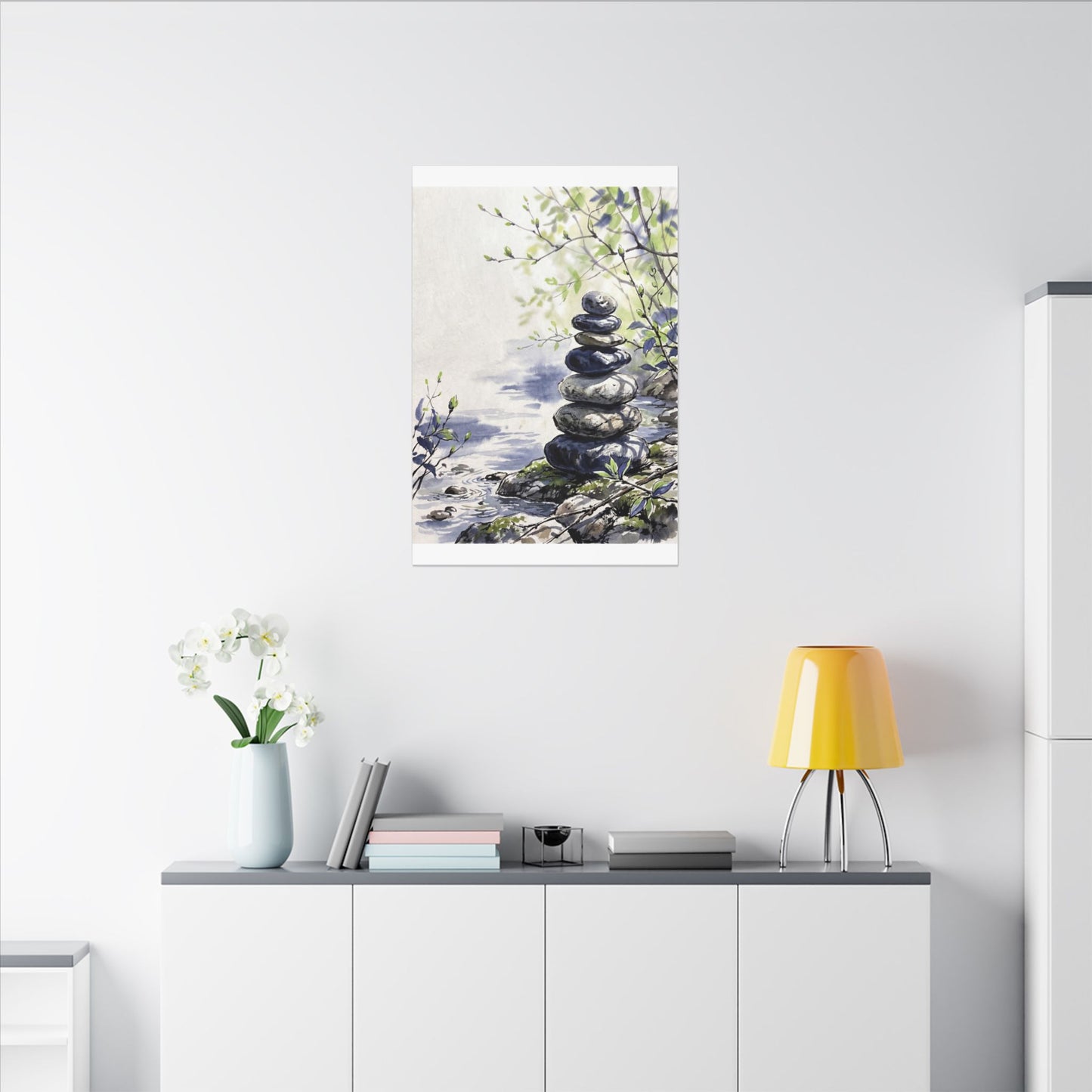 River Stones Sumi E Canvas Art | Serene Zen Art