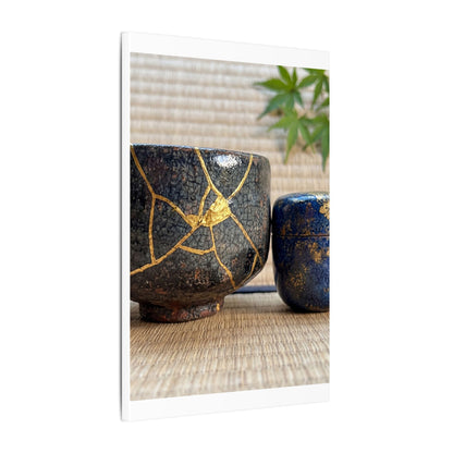 Tea Ceremony Crackle Gold Canvas Art | Philosophical Kintsugi Art