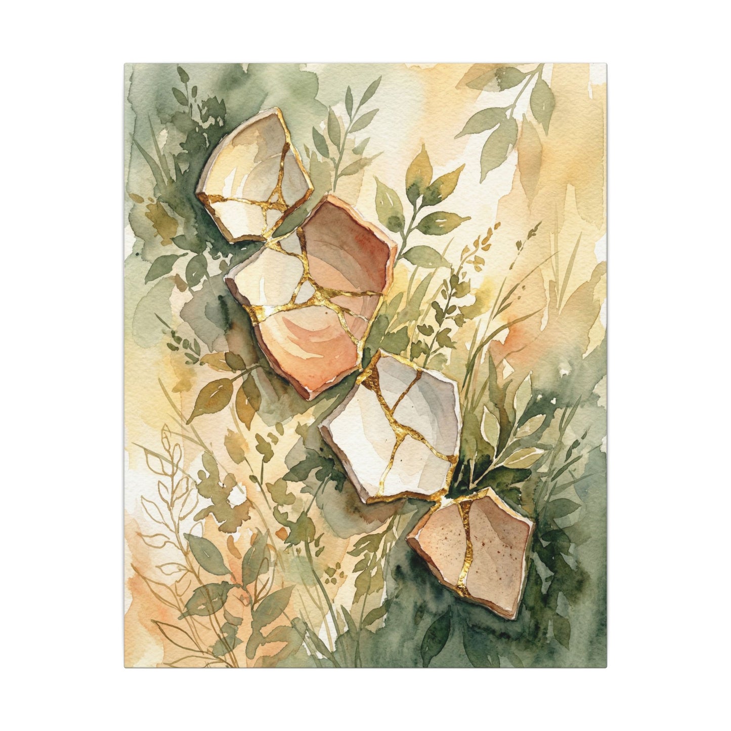 Japandi Broken Pottery in Golden Hour | Watercolor Canvas Art