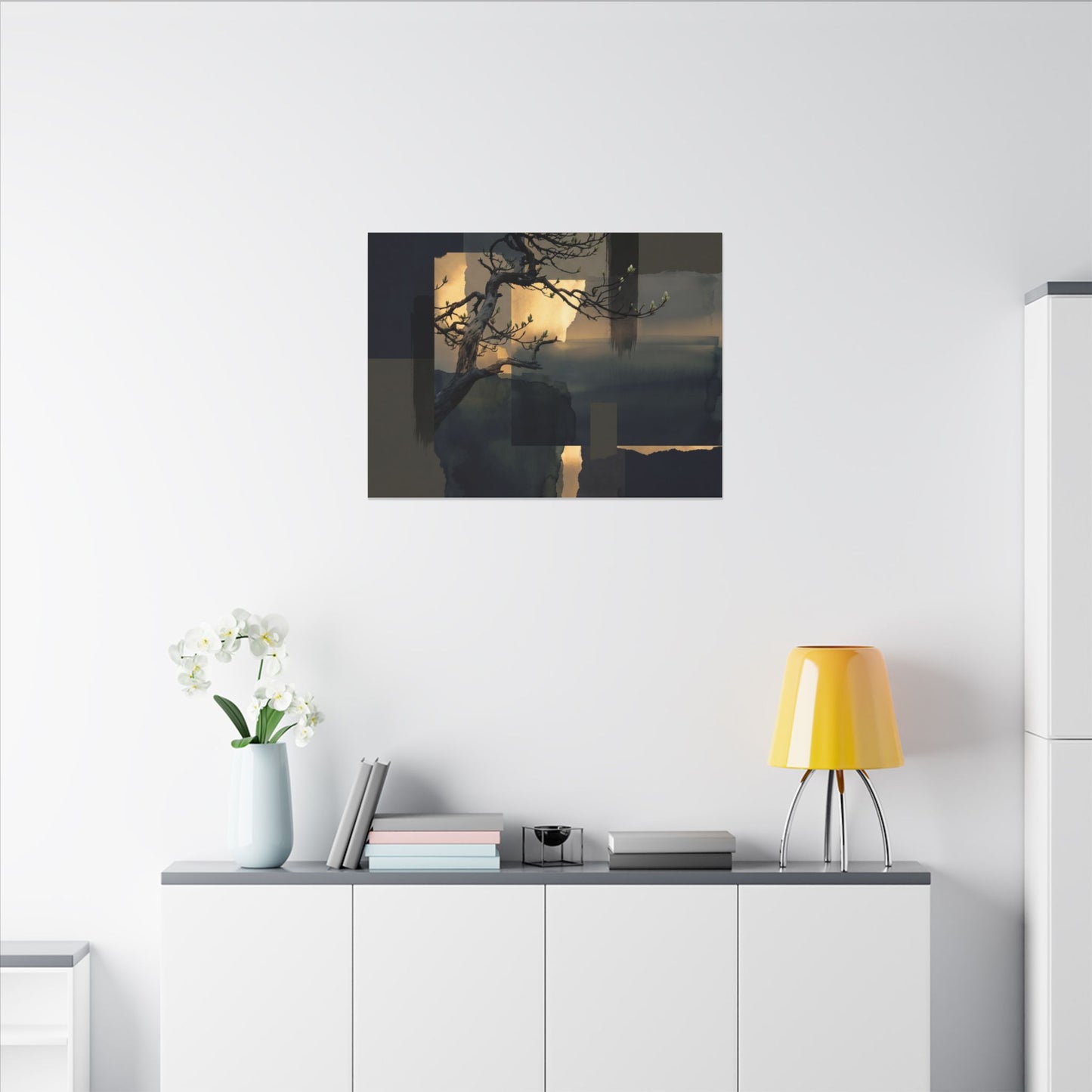 Golden Hour Pine Tree Canvas Art - Dark Japandi Kanso