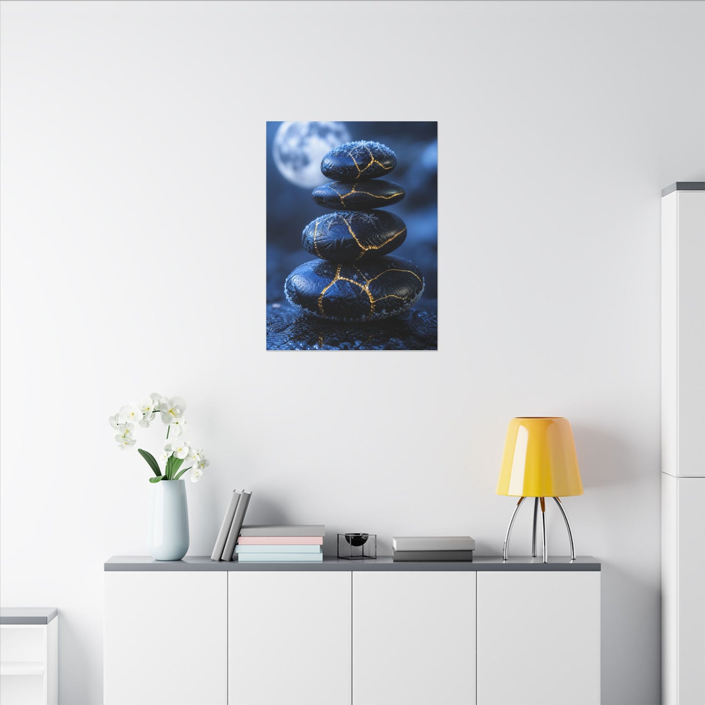 River Stones Canvas Art | Winter Kintsugi Gold Repair Art