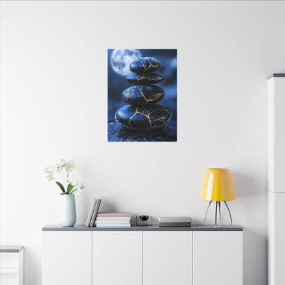 River Stones Canvas Art | Winter Kintsugi Gold Repair Art