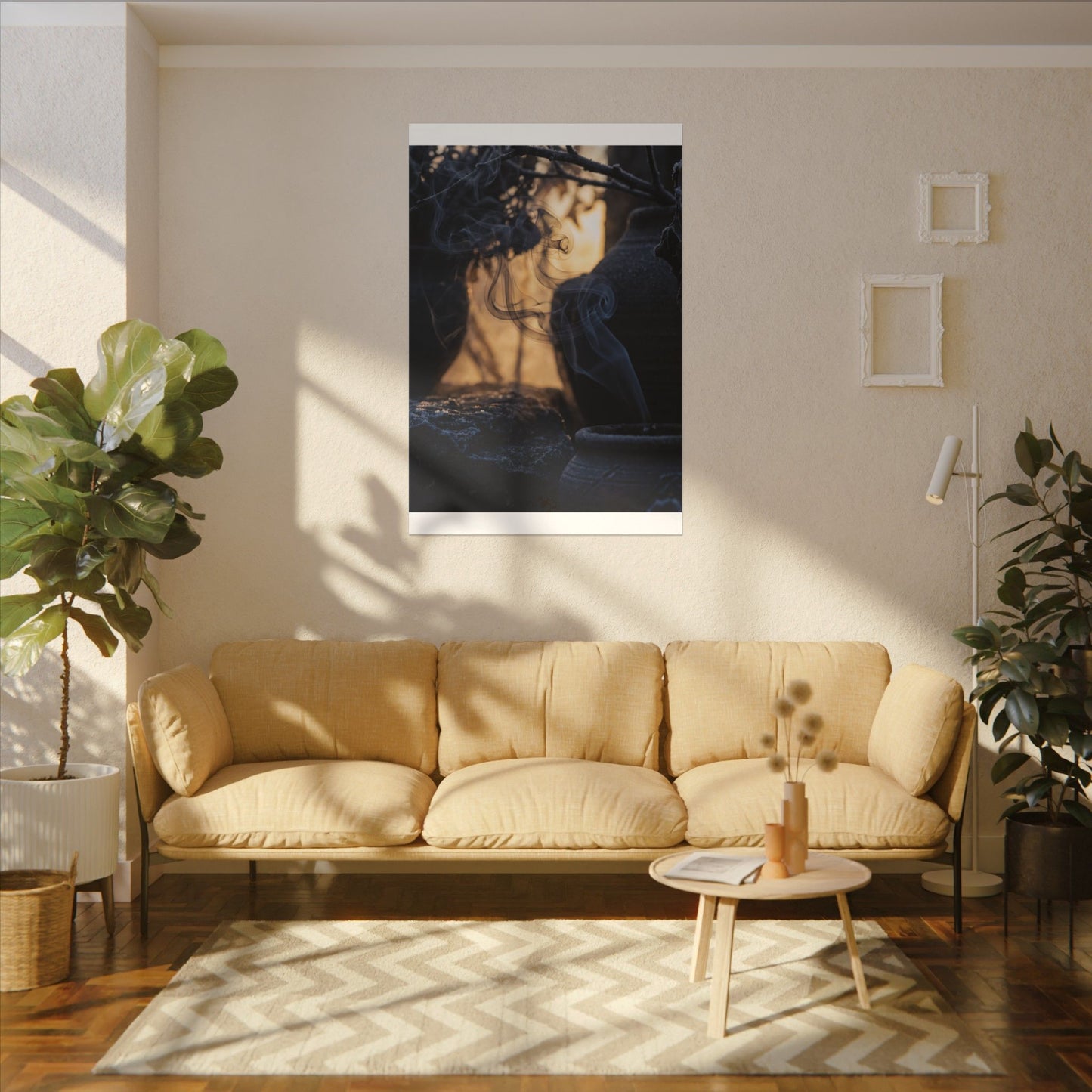 Incense Smoke Canvas Art | Winter Dark Japandi Shadow Zen Art