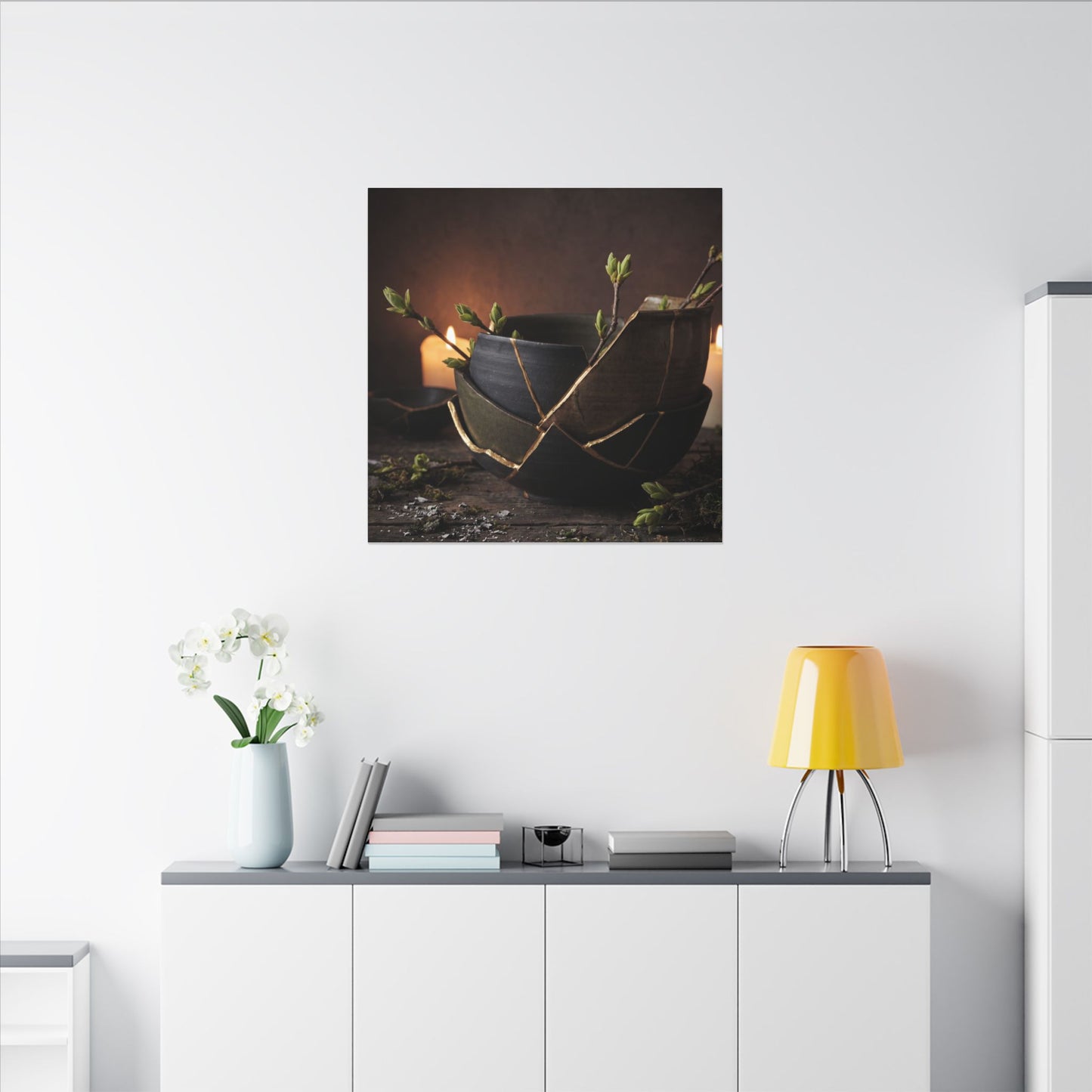 Broken Pottery Spring Canvas Art | Dark Japandi Luxurious Design