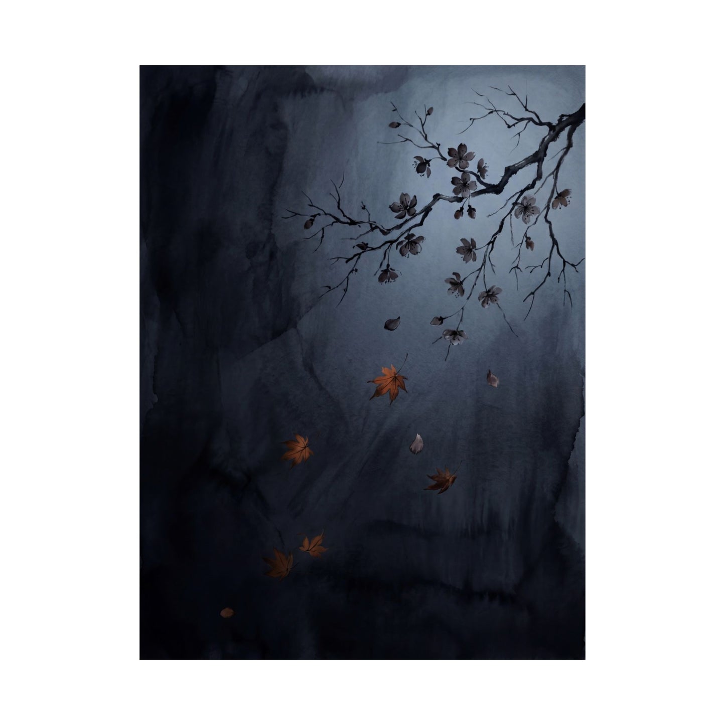 Moonlight Cherry Blossom Wall Art Print - Dark Japandi Ma