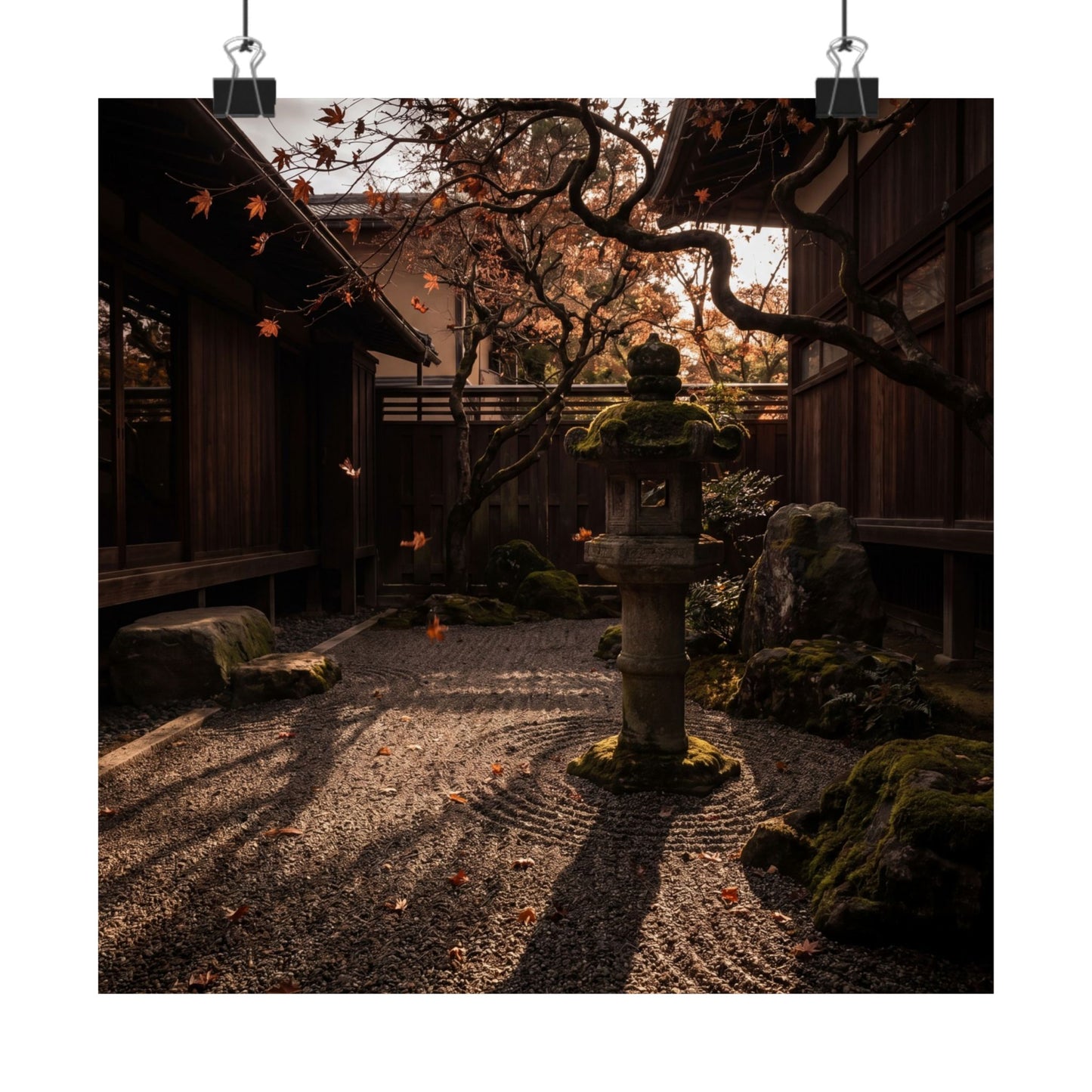 Autumn Stone Lantern Shadow Zen Wall Art Print | Moody Decor