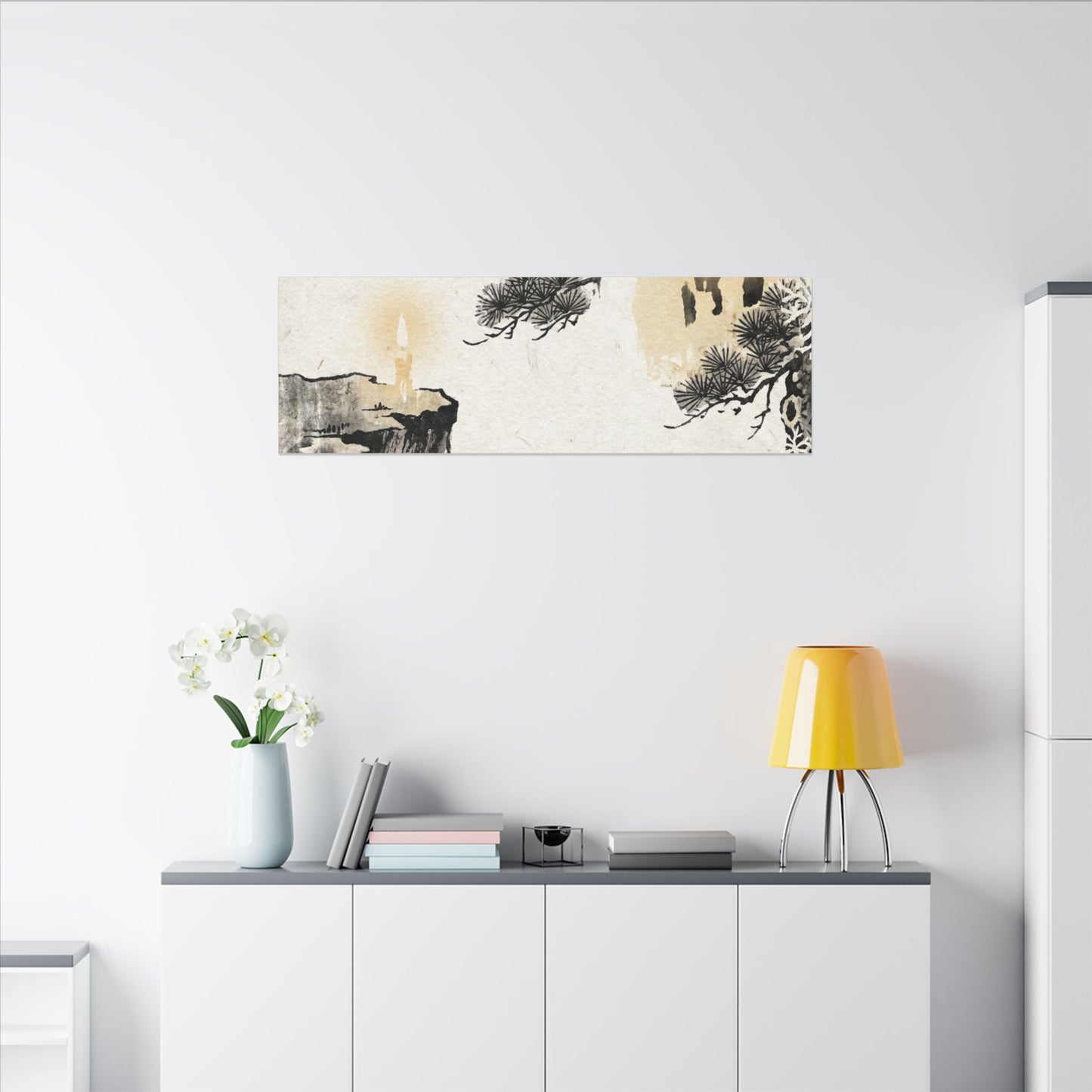 Japandi Pine Tree in Candlelight | Japanese Pattern Canvas Art