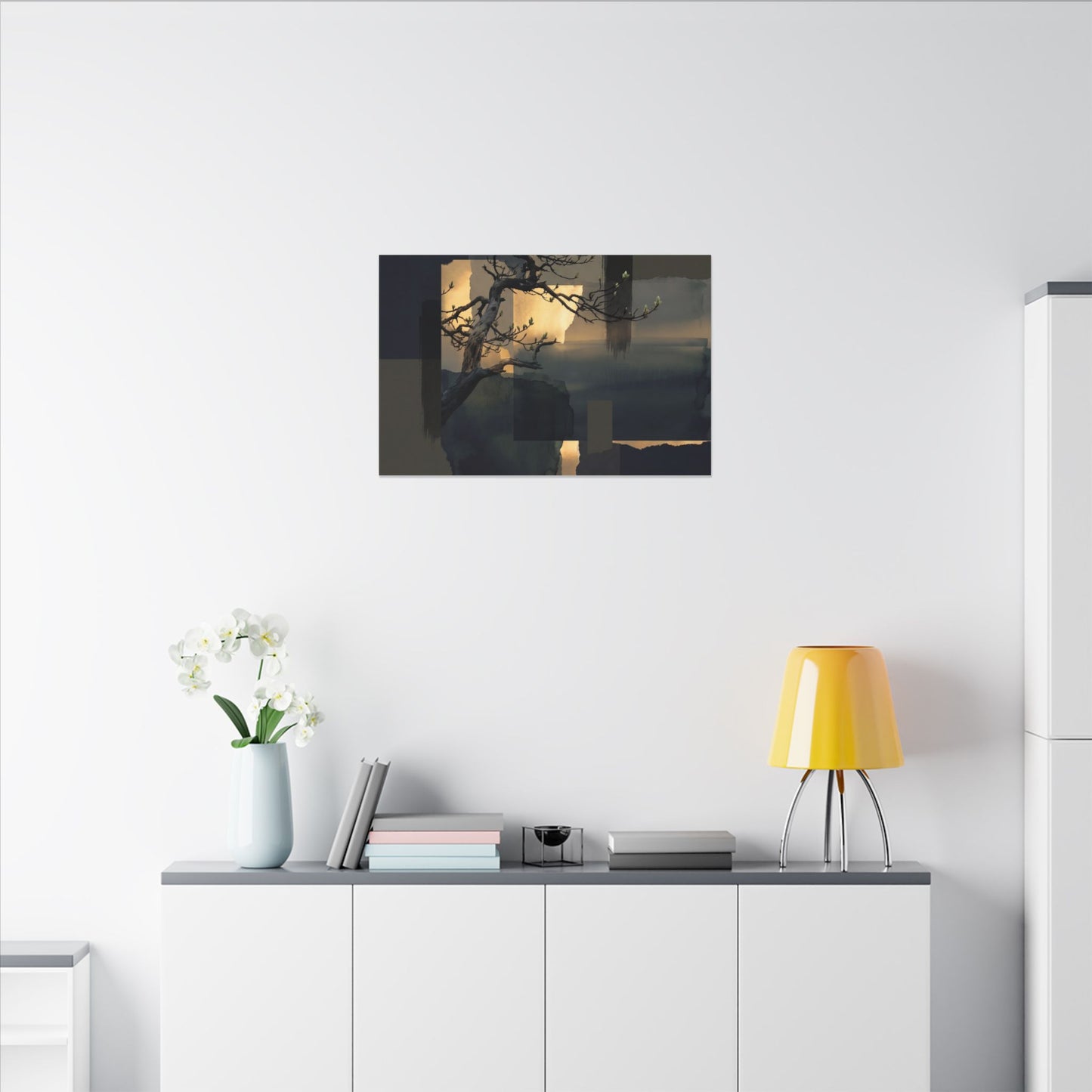 Golden Hour Pine Tree Canvas Art - Dark Japandi Kanso