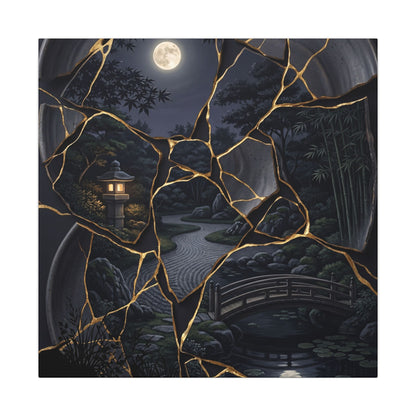 Kintsugi Moonlit Garden in Golden Hour | Gold Repair Canvas Art