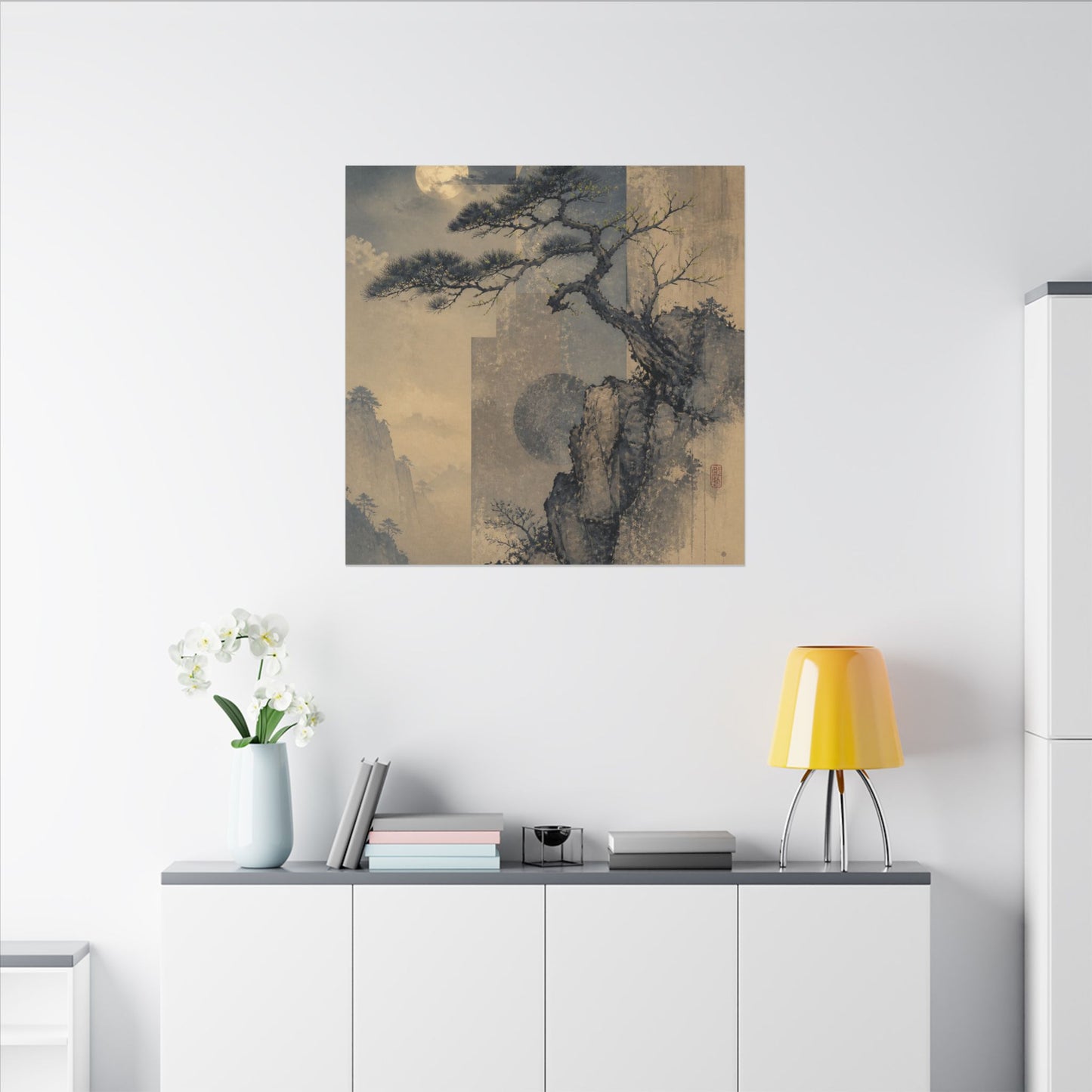 Japandi Pine Tree in Moonlight | Japanese Pattern Canvas Art