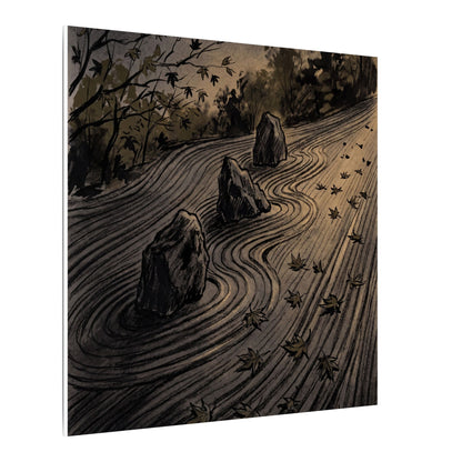 Rock Garden Canvas Art | Autumn Dark Japandi Charcoal Ink Art